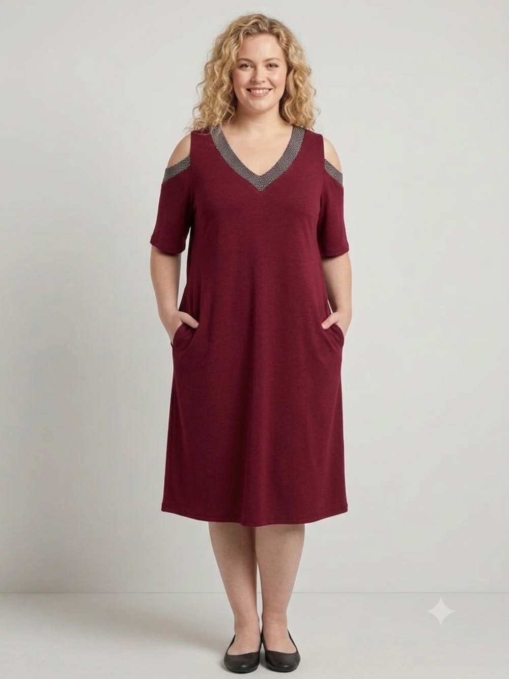 Cold-Shoulder V-Neck Midi Dress in Burgundy